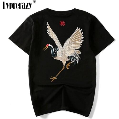 Lyprerazy Streetwear Chinese Japan Style Red-crowned crane TShirts Mens Short Sleeve T-shirts Hip Hop Embroidery Tees