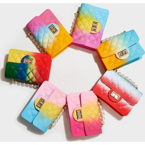 Ladies Mini Handbag Tie-dye 2021 Rainbow Single Shoulder Bag PVC Chain Jelly Bag Spray Color Gradient Pearl Handbag