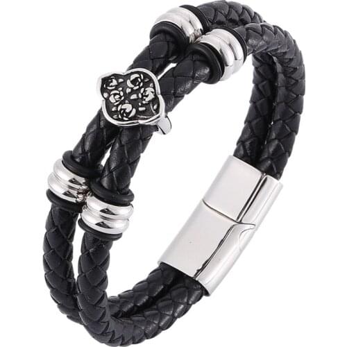 Men Jewelry Punk Black Braided Leather Men Bracelet Stainless Steel Flower Bracelet Male Magnetic Clasp Bangle PD0330