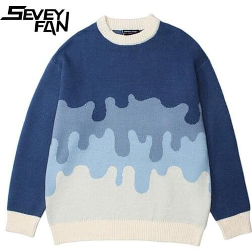 Seveyfan Mens Fashion Color Contrast Sweater Hip Hop Oversize Cotton Pullover Knitwear for Couples