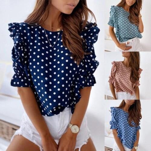 New Women Casual O Neck Short Sleeve Polka Dots Print Ruffled Edges Blouse T-shirt