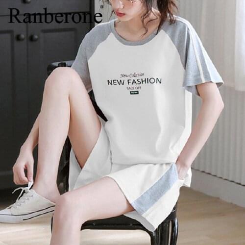 Ranberone New Fashion Loose Womens Tracksuit Short Sleeved + Lace-Up Waist Shorts Casual Two Piece Suit Fitness Sportswear 2021