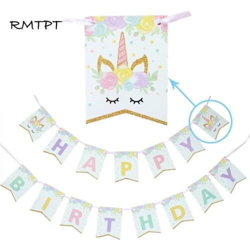 New Cartoon Unicorn Paper Flag Birthday Unicorn Party Flags Happy Birthday Banner For Kids Birthday Decoration Party Supplies