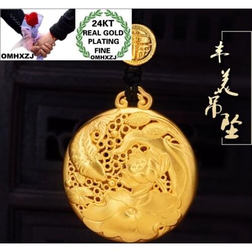 OMHXZJ Wholesale CA442 European Fashion Fine Woman Party Birthday Wedding Gift Lotus Fish Peace Buckle 24KT Gold Pendant Charm