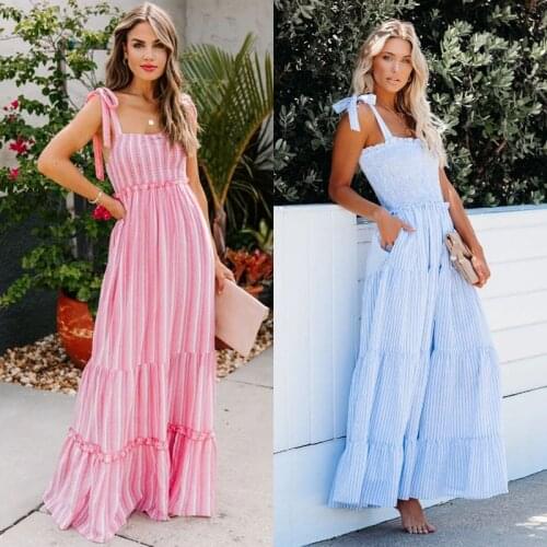 Echoine Colorful Striped Halter Maxi Dress Sexy Backless Long Dress for Women Print Beach Boho Slim Elegant Pleated Vestidos