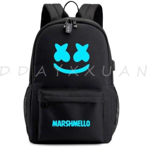 DJ Marshmello USB Backpack School Book Bags Fans Travel Bags Laptop Chain Backpack Headphone Port Waterproof Laptop bags