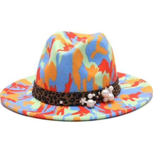 2021 colorful hats for women fashion Flat wide Brim Panama Wool Felt Jazz Fedora Hats for men Tie-dye color hat cap