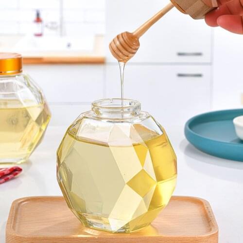 380ML Glass Honey Jar Hexagonal Honey Bottle Container Pot With Wooden Honey Stick Spoon Honey Package Kitchen Storage Bottle
