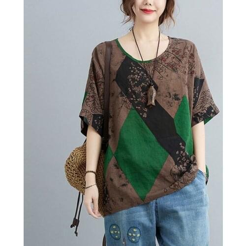 Women Cotton Linen Casual T-shirts New Arrival 2021 Summer Vintage Style Floral Print Loose Comfortablr Female Tops Tees S3572