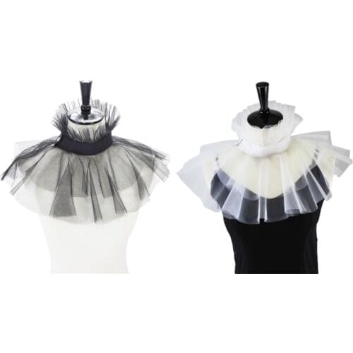 Women Victorian Mesh Ruffled Fake Stand Collar Layered Tulle Button Neck Ruff Clown Choker Shawl Wrap Cosplay Costume