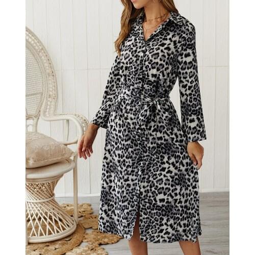 Fashion Autumn Leopard Dress Women Bandage Tunic Elegant Chiffon Dress Casual A-Line Animal Print Mid-Calf Lady Vintage Dresses