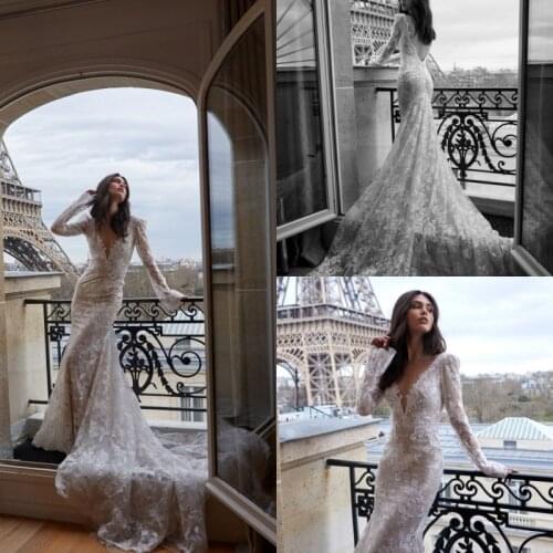 2020 Mermaid Wedding Dresses Sexy Deep V Neck Long Sleeves Lace Appliques Bridal Gowns Backless Sweep Train Wedding Dress