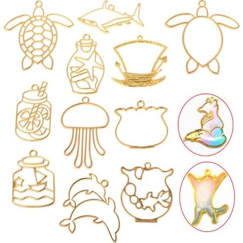 11 Pcs/Set DIY Epoxy Resin Crafts UV Resin Metal Frame Jewelry Making Necklace Pendant Creative Turtle Dolphin Animals Shape