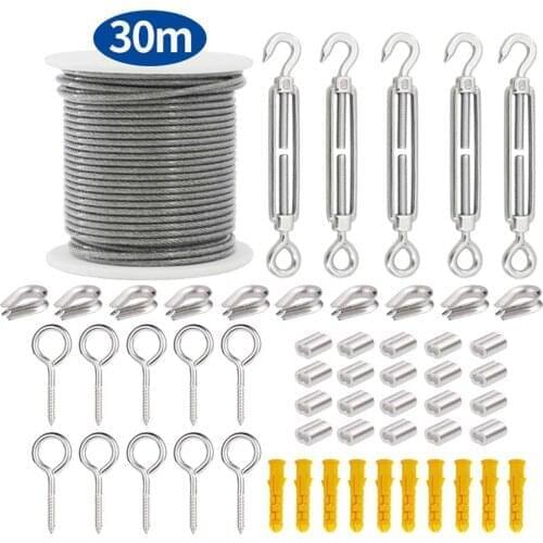 45PCS 5M/15M/20M/30M Stainless Steel PVC Coated Flexible Wire Rope Soft Cable Transparent Stainless Steel Clothesline Set