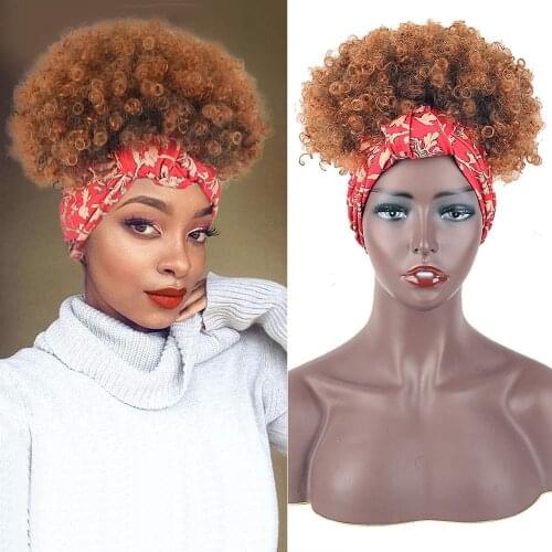 Afro Puff Turban Wig Synthetic Wigs Short Afro Kinky Curly Wig Headwrap Drawstring Wrap-Wig 2 in 1 Headband Wigs Turban Wig