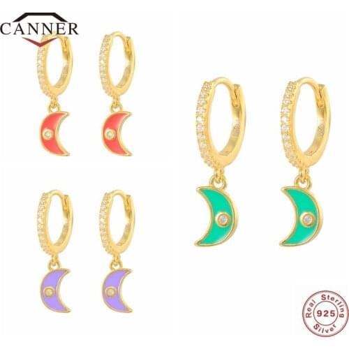 CANNER 100% 925 Sterling Silver Hoop Earrings for Women Colorful Monn Round Huggie Piercing Earring Jewelry Pendientes Brincos