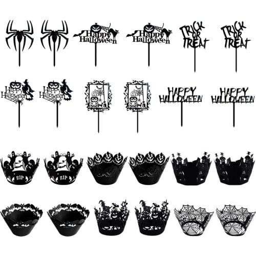 Behogar 12PCS Halloween Acrylic Fruit Cupcake Toppers Picks + 12PCS Hollow Out Cake Wrappers Liners for Home Party Supplies