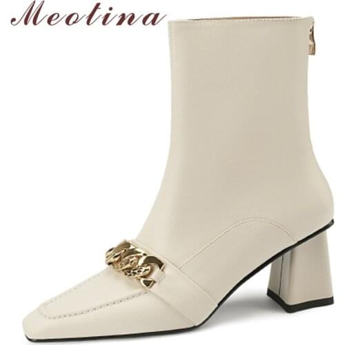 Meotina Women Genuine Leather Ankle Boots Chain Square Toe Zipper Shoes Thick High Heel Ankle Boots 2021 Autumn Winter Beige 40