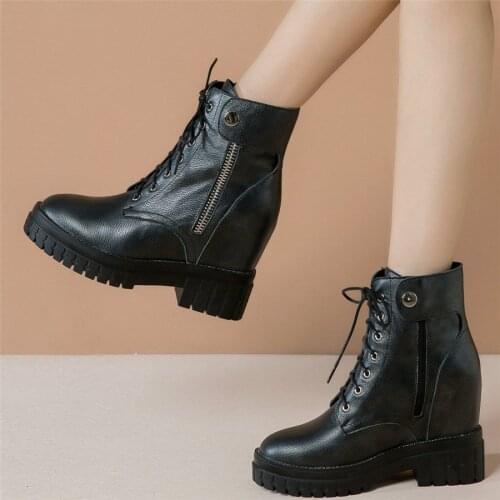 Lace Up Fashion Sneakers Women Genuine Leather High Heel Ankle Boots Female High Top Round Toe Platform Pumps Shoes Casual Shoes