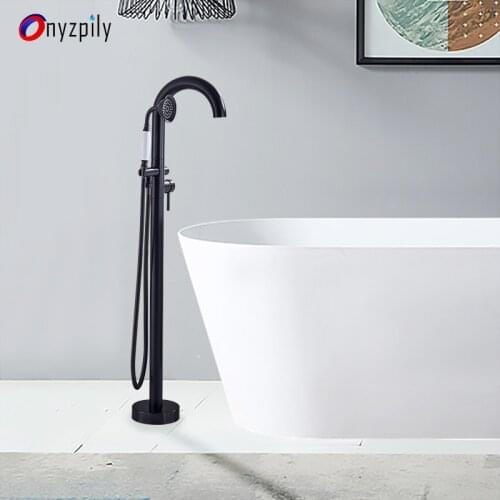 Onyzpily Bathtub Floor Stand Faucet Mixer Single Handle Mixer Tap 360 Rotation Spout With Ceramic Handshower Bath Mixer Shower