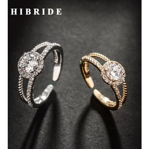 HIBRIDE Luxury Round Cubic Zircon Open Adjustable Rings Women Anillos Jewelry New Fashion Gold One Women Wedding Ring R-228