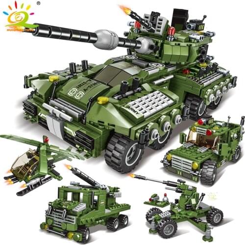 HUIQIBAO 771pcs 4in1 Military Tank Model Building Blocks WW2 Truck Helicopter 4 Soldier Figures Army Bricks Toys For Children