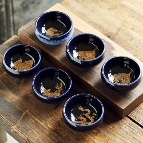 Ceramic Dragon Fish Leaves Kiln Master Cup Teacup Home Chinese Tea Set Drawing Large Gold Leaf Teaset Arabic Coffee Blue 125ml