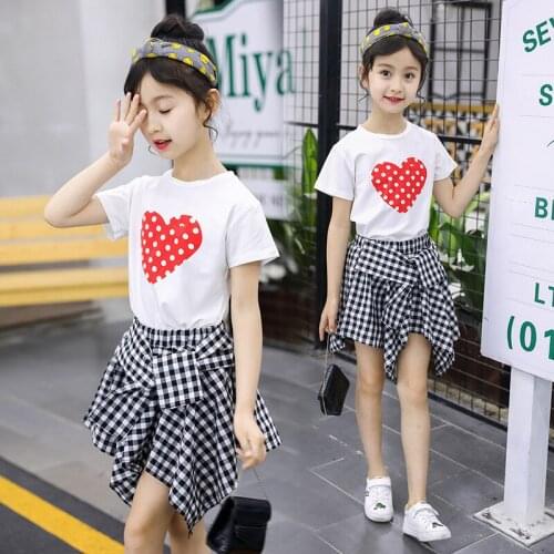Baby Girls Dress Summer Kids Children Sets Big Girl Summer Girl Red Heart T-Shirt + Skirt Lovely Baby Girl Clothes 4-12 Year