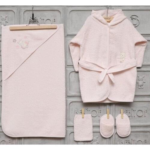 Bebitof Newborn Baby Girls Toddler 100% Cotton Terry Bathrobe & Hooded Towel Set Bathtime Gift Bundle 5 Piece Pink 0 – 24 Month