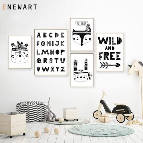 Minimalist Black White Bunny Canvas Art Picture Nursery Posters Nordic Education Wall Print Painting Kid Baby Room Decoration