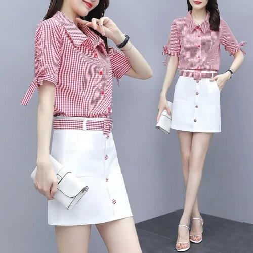 Fashion One-Piece/Suit Women Are Thin 2021 Summer New Short-Sleeved Shirt High-Waist Short Skirt Temperament Two-Piece Female506
