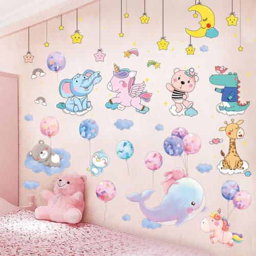 Cartoon Animals Balloons Wall Stickers DIY Stars Moon Mural Decals for Kids Room Baby Bedroom Nursery House Decoration