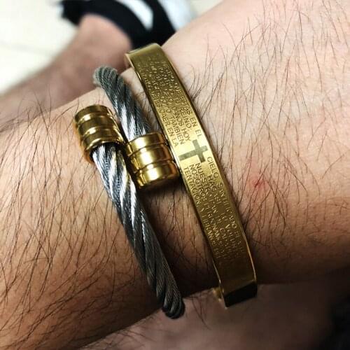 Gentleman Cuff Bracelet Gold Color Cable Wire Rope Jesus Faith Cross Bracelet Bangles Set Stainless Steel Men Bracelet Jewelry