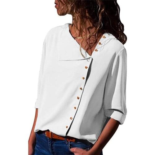 Autumn 6-color Button Irregular Oblique Collared Long-sleeved Female Chiffon Shirt Skew Collar Solid Color Chiffon Streetwear