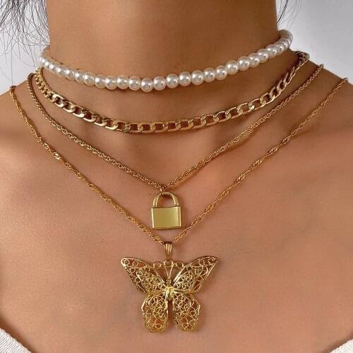 Trendy Multi-layered Golden Butterfly Metal Chain Necklace For Women Chunky Lock Pendant Imitation Pearl Necklace Party Jewelry