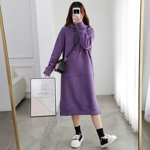 Korean Style Women Autumn Winter Sweatshirt Dress Thicken Warm Oversized Casual Loose Hooded Dress Solid Straight Vestidos