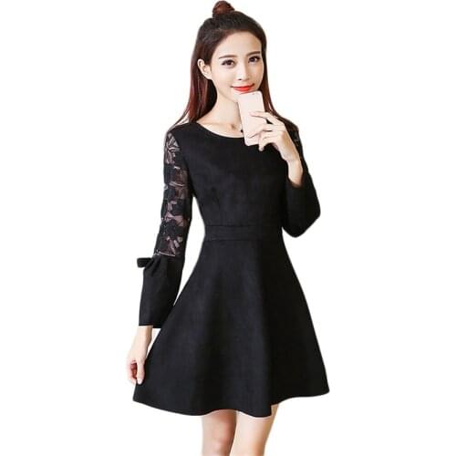2017 New Autumn Winter Women Faux Suede Dresses Female Slim Lantern Sleeve Dress Ladies Thick Velet Warm Vestidos Bottoms WZ055