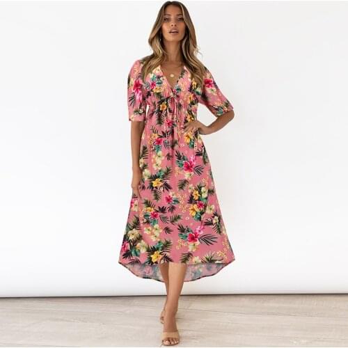 2021 New Summer Dress Women Sexy V-neck Short Sleeve Printed Asymmetric High Waist Dresses Casual Loose Streetwear Dress
