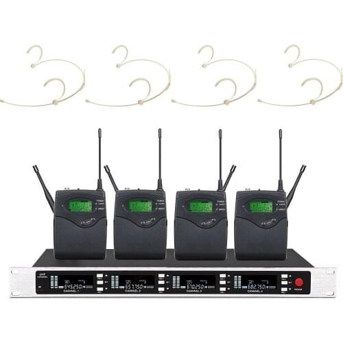 Professional True Diversity Four Channels UHF Wireless Headset Microphone System for Church Theater Singing 4 Metal Handheld mic