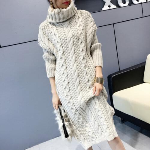 Turtleneck Warm Long Sweater Women Long Sleeve Knitted Pullover Autumn Winter Loose Tunic Casual 4 Colors Plus Size Dresses