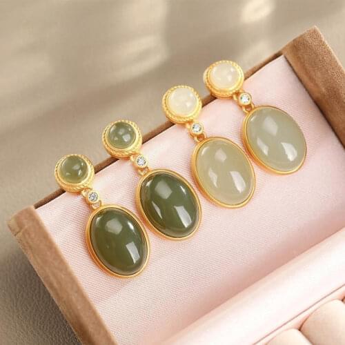 S925 Sterling Silver Gold Plated Hetian Jade Gray Jade Geometric Personality All-Matching Graceful Womens Eardrops Stud Earring