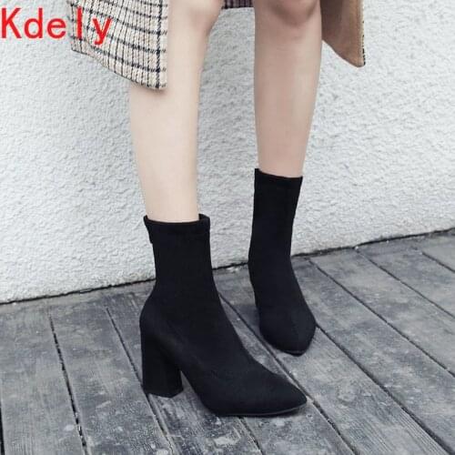 2020 Women Ankle Boots Roman High Heels Square Heel Booties Fashion Brand Design Ladies Party Shoes Woman Black Sock Shoes Women