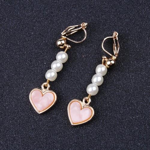 JIOFREE Korean Cute Heart simulated pearl Clip on Earrings Without Piercing for Women Girl Ear Jewelry Party Sweet Style Earring
