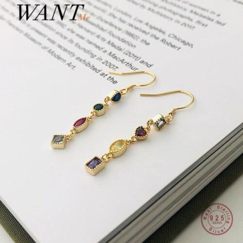 WANTME Genuine 925 Sterling Silver Trendy Bohemian Colorful Zircon Tassel Earrings for Women Charming Wedding Party Jewelry