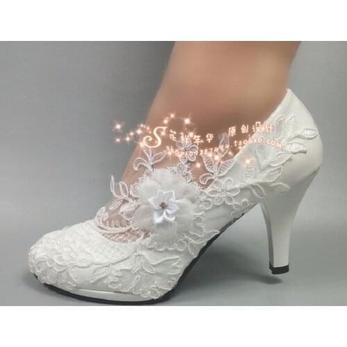Spring white lace flowers stiletto high heel bridal wedding shoes crystal platform banquet dress large size womens shoes