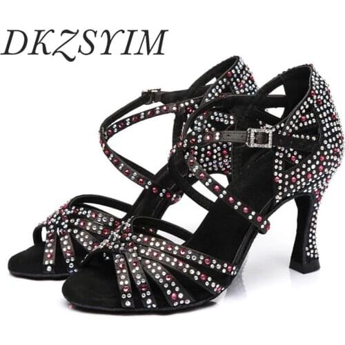 DKZSYIM Latin Dance Shoes professional Jazz Salsa Ballroom Dance Shoes Woman girls shining red and white rhinestones wholesale