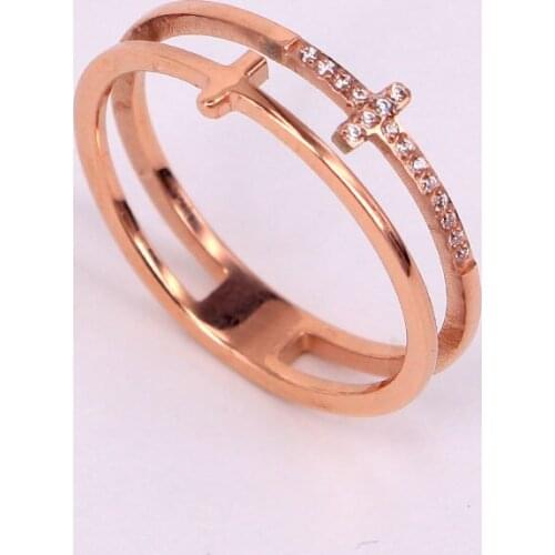 Fashion Stainless Steel Rose Gold Color Crystal Love Hollow Cross T Ring Engagement Women Lady Party Wedding Gift