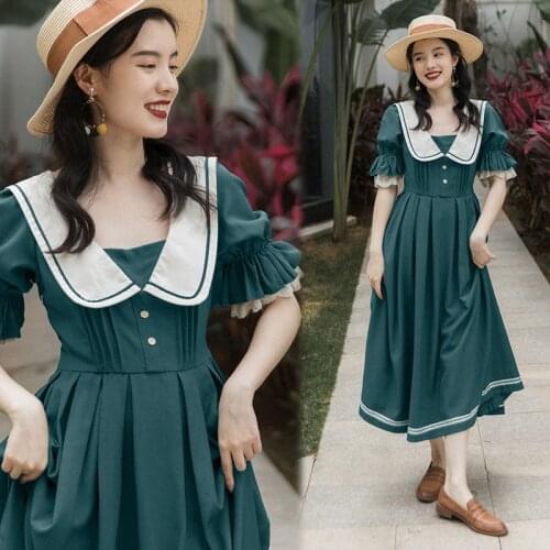 Navy Collar College Style Dress Women Summer 2021 French Retro Lace Trumpet Sleeve Ladies Japanese Soft Girl Sweet Kawaii Dress