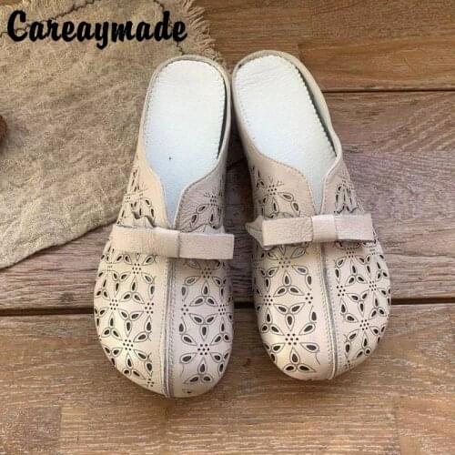 Careaymade-Retro literature art Mori womens Department big round head comfortable soft leather low heel simple womens slipper