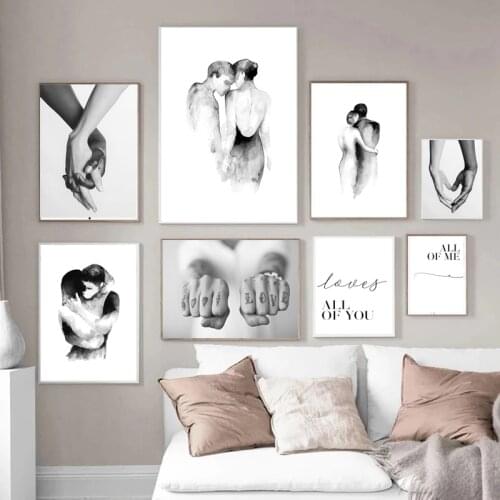 Black And White Simple Abstract Canvas Painting Couple Sweet Love Quotes Holding Hands Poster Art Decoration for Living Room